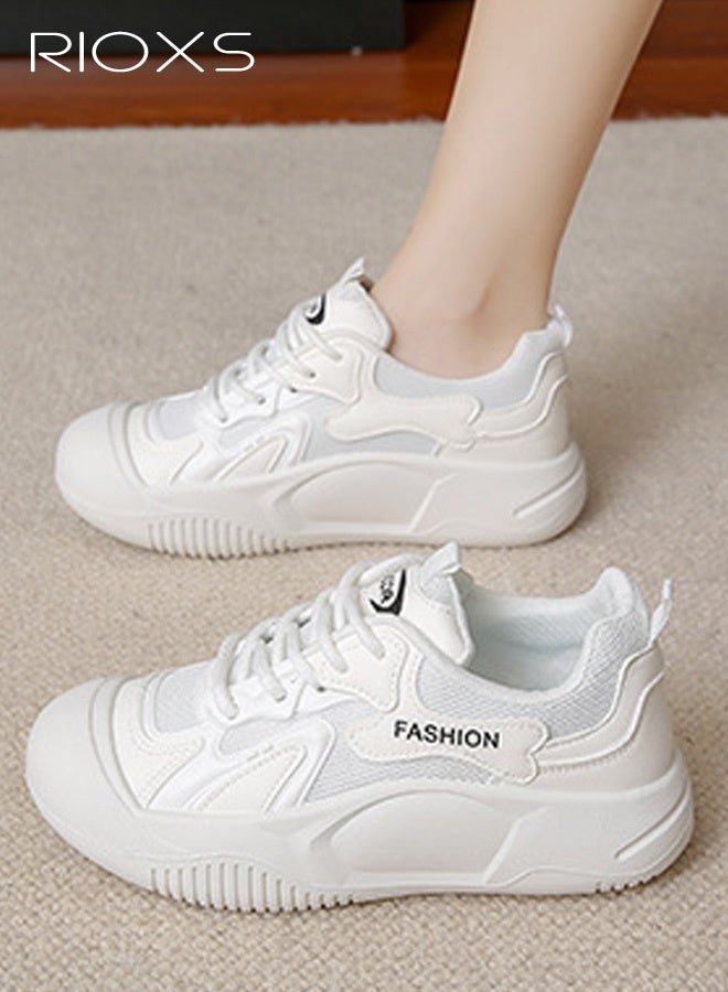 RIOXS Women's Breathable Casual White Sneakers, Fashionable Lace-Up Low-Top Thick-Sole Shoes, Classic Round Toe Comfortable Thick Sole, Versatile Everyday Style for Fashion and Practicality, White - Image 1